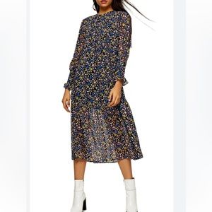 Topshop Floral Print Long Sleeve Midi Dress